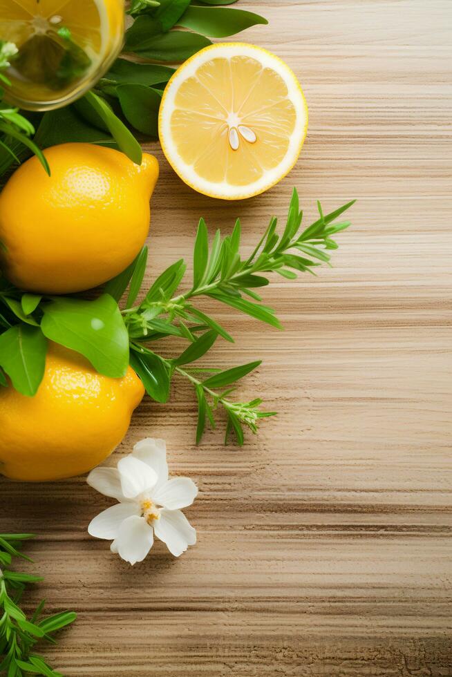 ai genererad naturlig Ingredienser strålkastare citrus, örter, och grundläggande oljor för vår rengöring foto