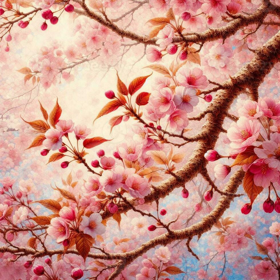 ai genererad hyper realistisk sakamura körsbär blomma träd löv japansk festival morgon- dagg osaka tokyo foto
