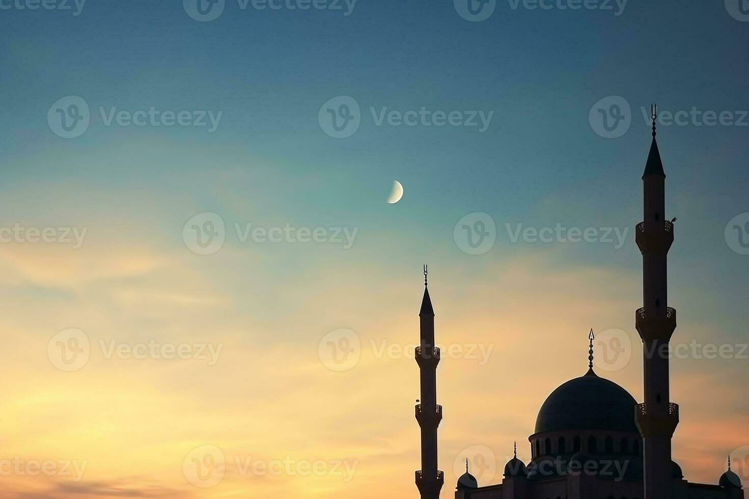 ai genererad ramadan kareem. lång minareter, moské kupol och halvmåne och lysande stjärna i de himmel. religiös bakgrund. foto