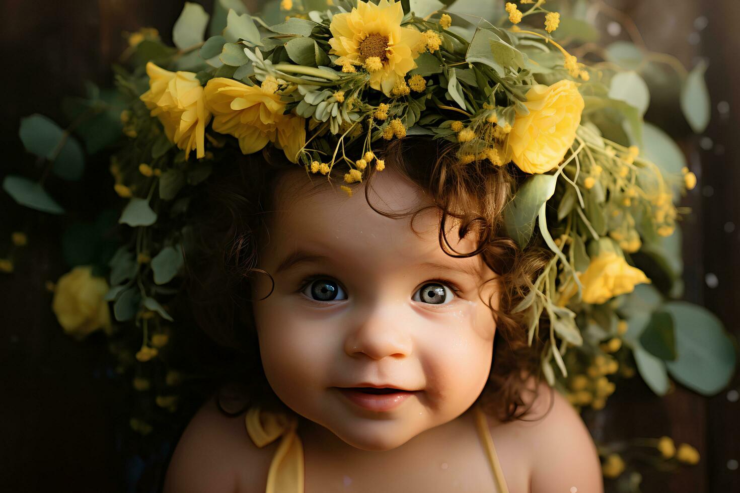 ai genererad kronblad prinsessa ljuv bebis Utsmyckad i en blomma halo foto