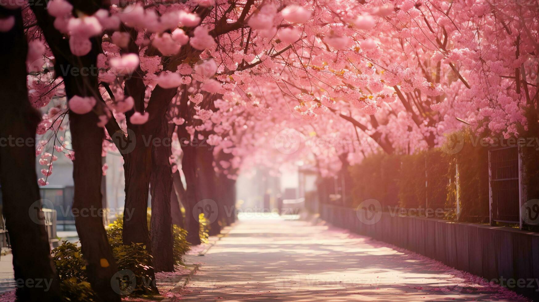 ai genererad gränd med rosa sakura träd, ljus solig dag. ai genererad bild foto