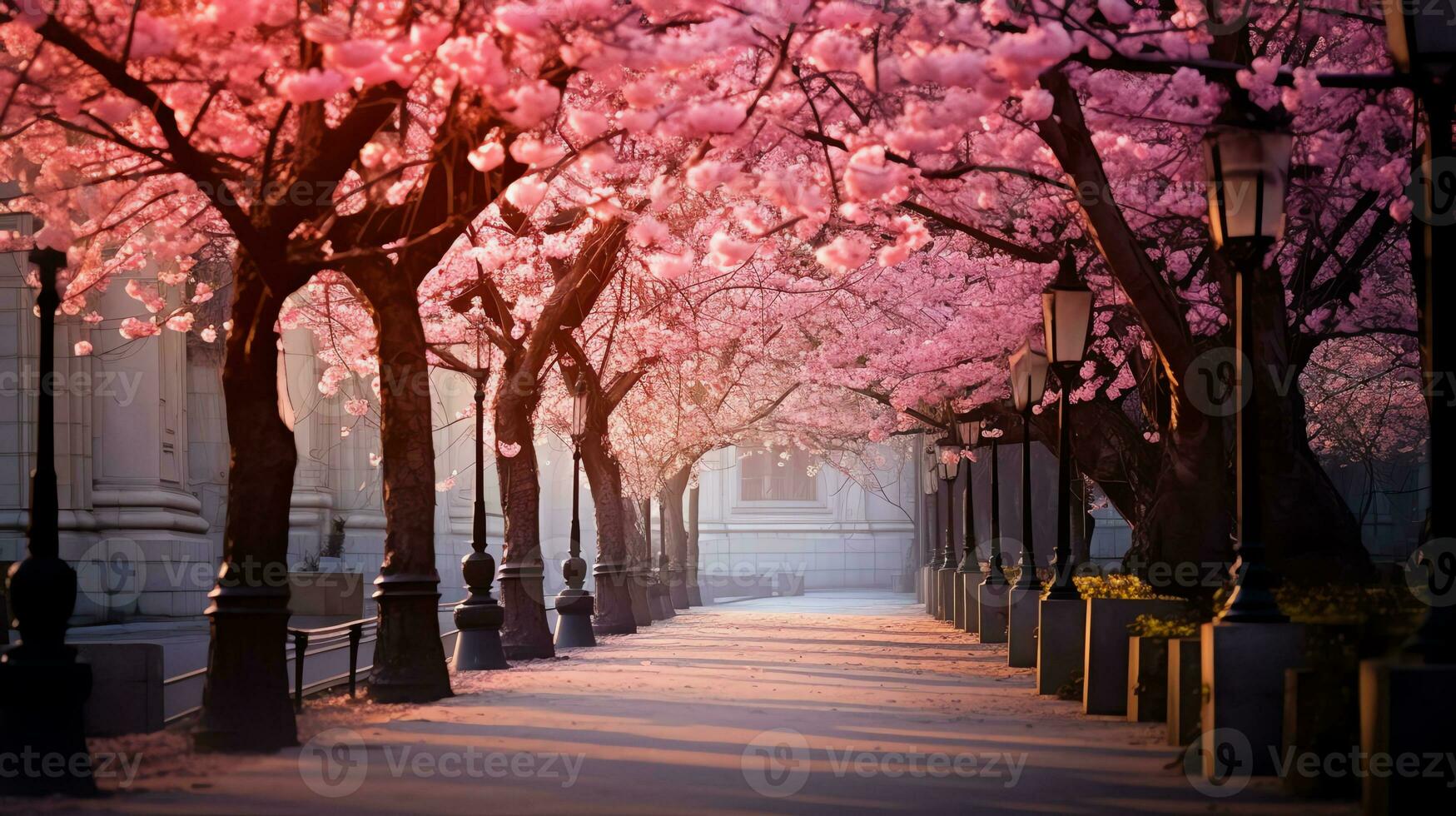 ai genererad gränd med rosa sakura träd, ljus solig dag. ai genererad bild foto
