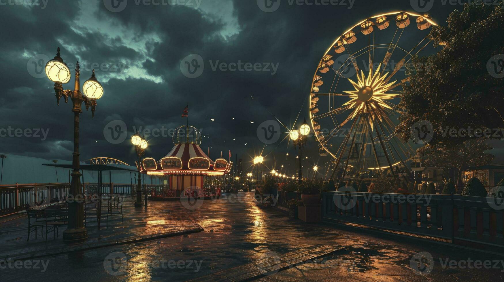 ai genererad gammal karneval med en ferris hjul på en molnig natt. 3d tolkning, illustration foto