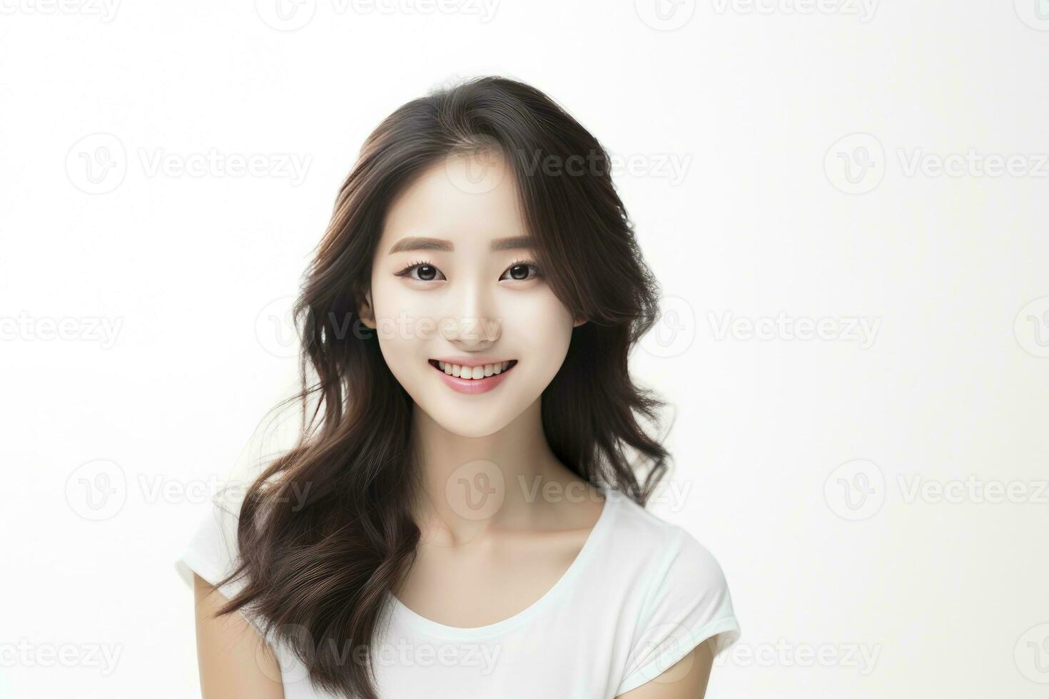 ai genererad asiatisk leende flicka porträtt isolerat på vit bakgrund foto