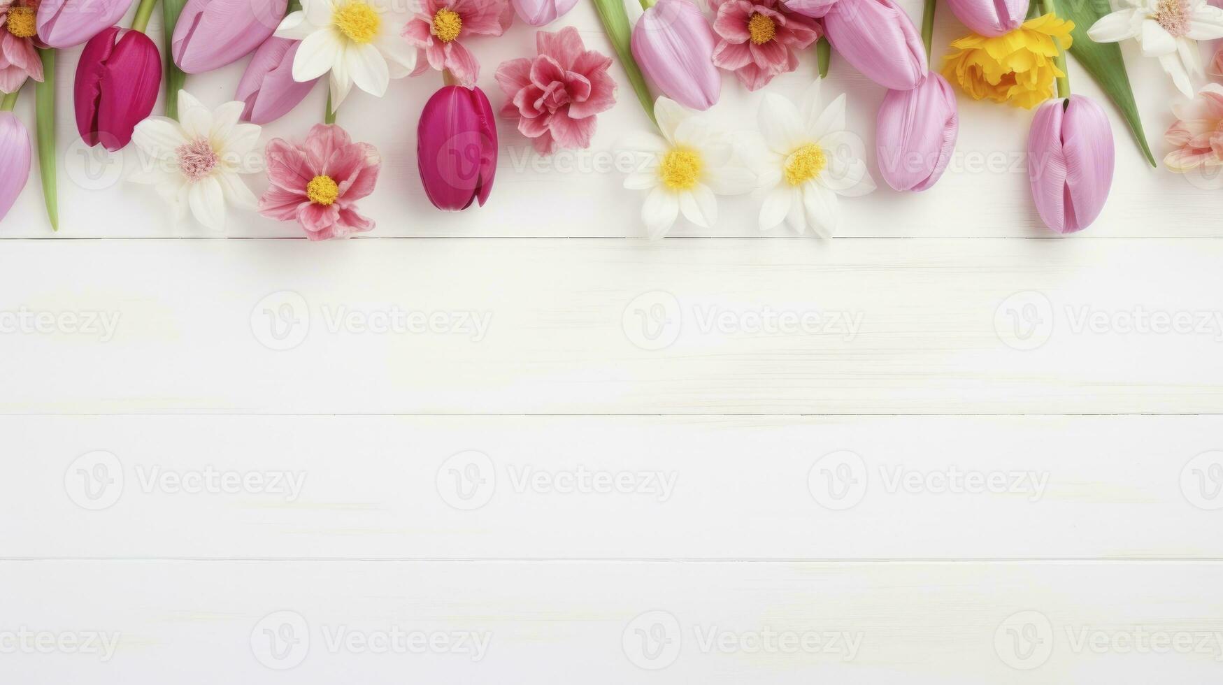 ai genererad vår blommor och påsk ägg med vit trä- bakgrund foto