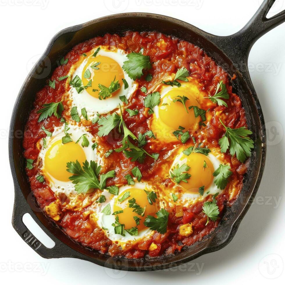 ai genererad utsökt shakshuka i fräsning panorera isolerat på vit, topp se. foto