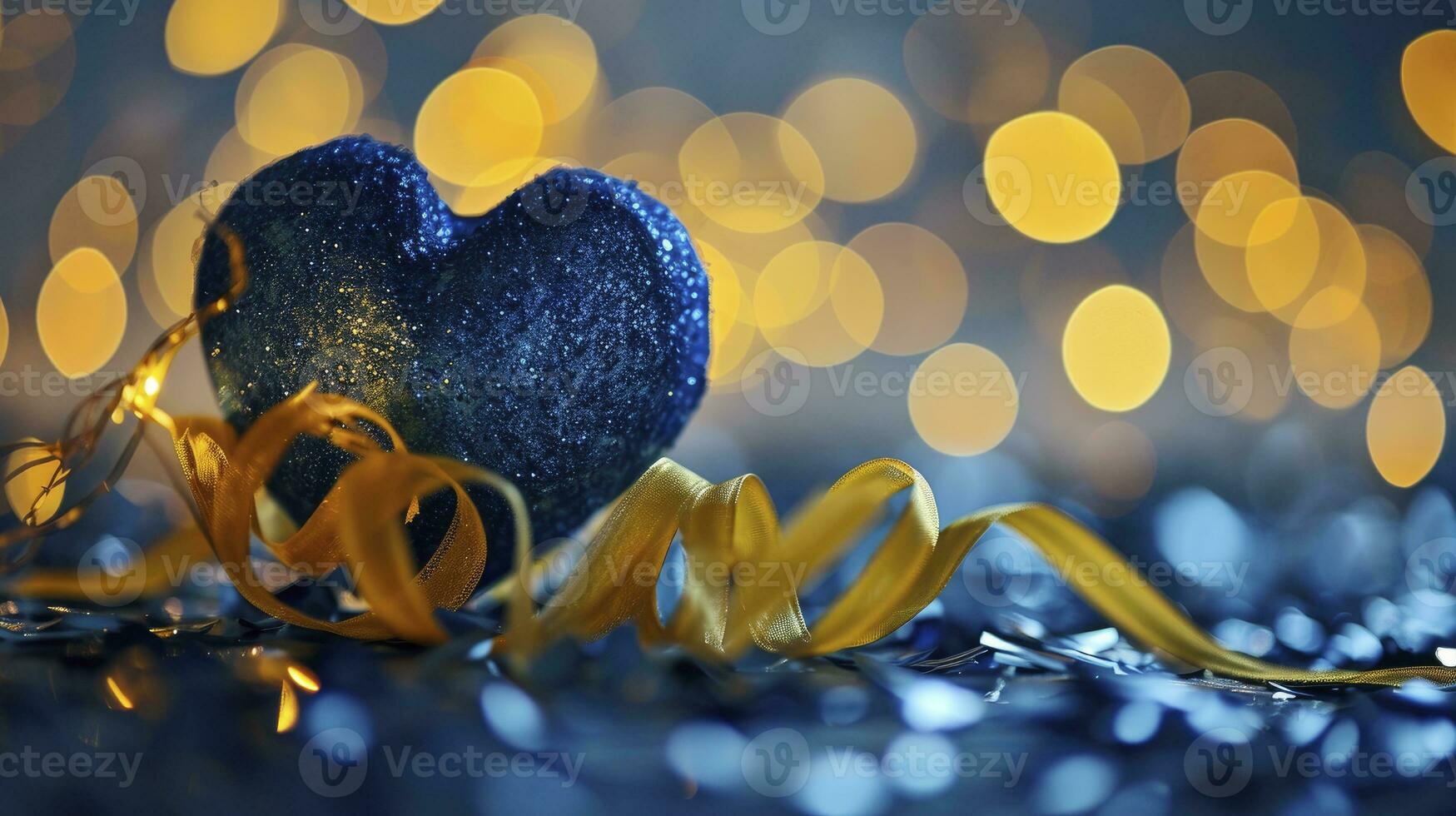 ai genererad blå hjärta, gul band omslag runt om de hjärta, på bokeh bakgrund. foto