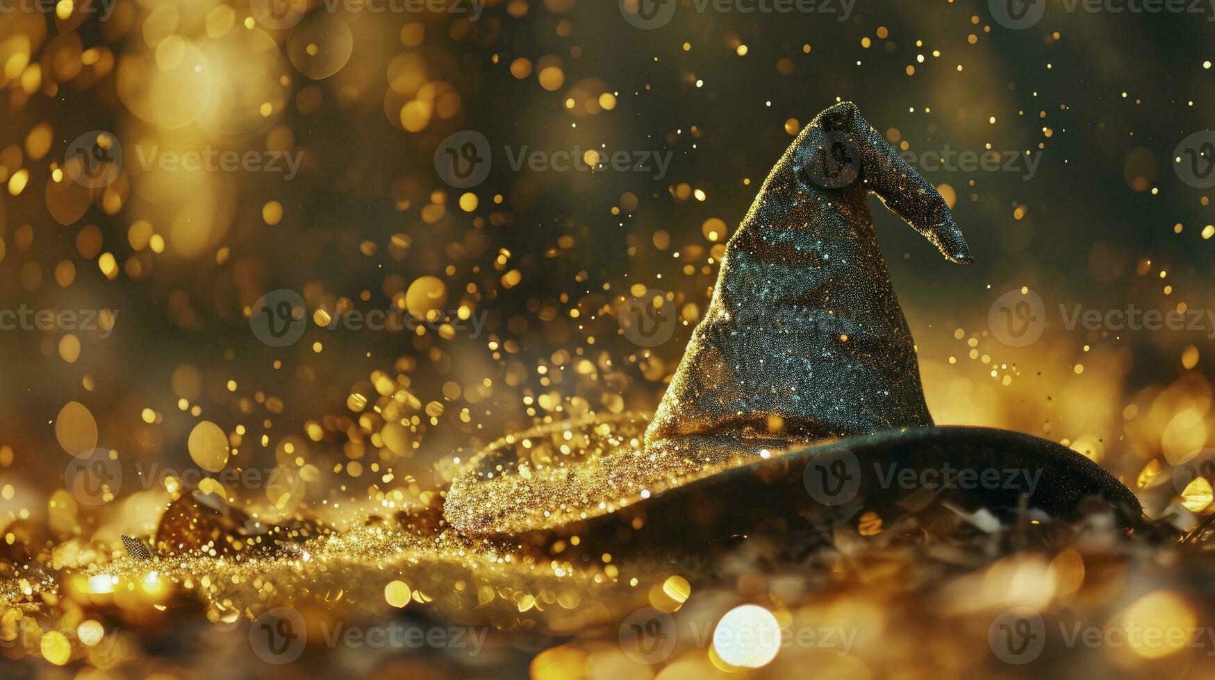 ai genererad magi svart trollkarl hatt på gyllene fe- damm bakgrund ,begrepp karneval foto