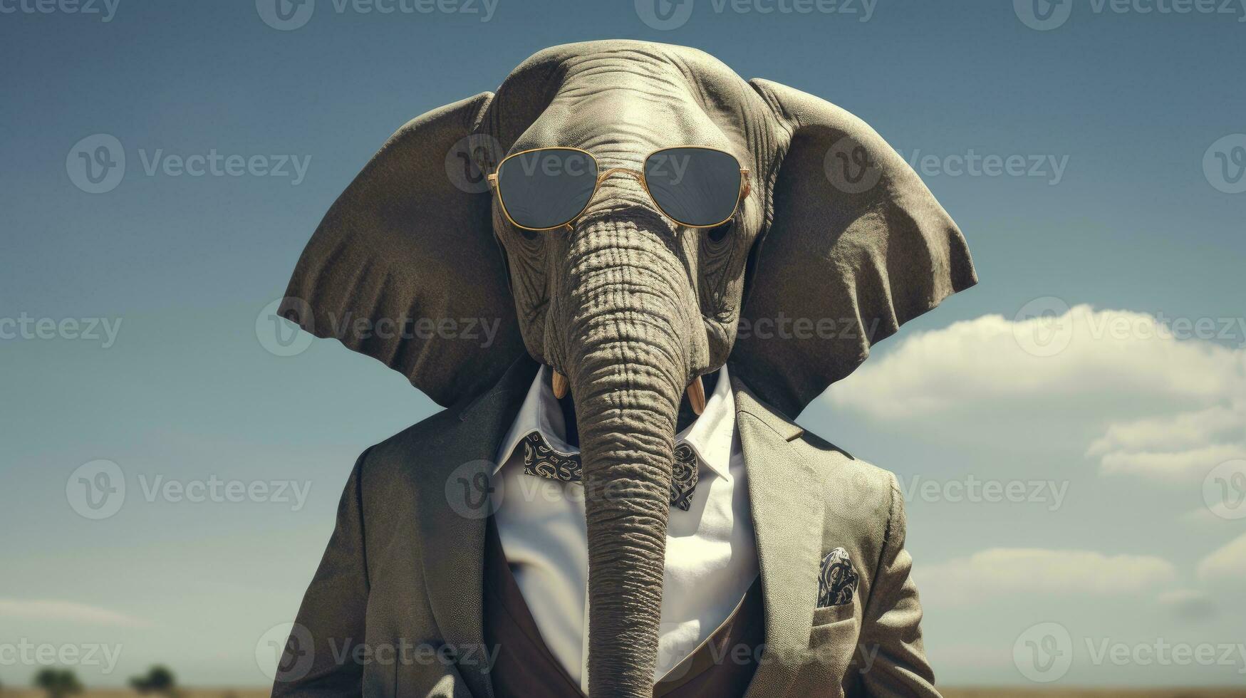 ai genererad elefant är bär en kostym och solglasögon foto