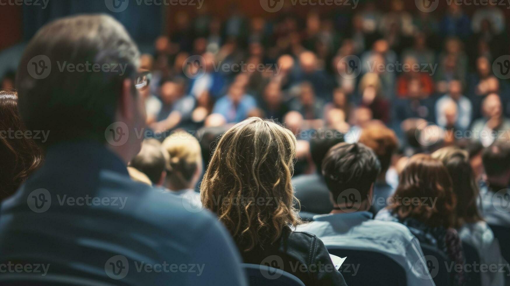 ai genererad företag och företagande symposium. högtalare ger en prata på företag möte. publik i konferens hall. bak- se av okänd deltagare i publik. foto