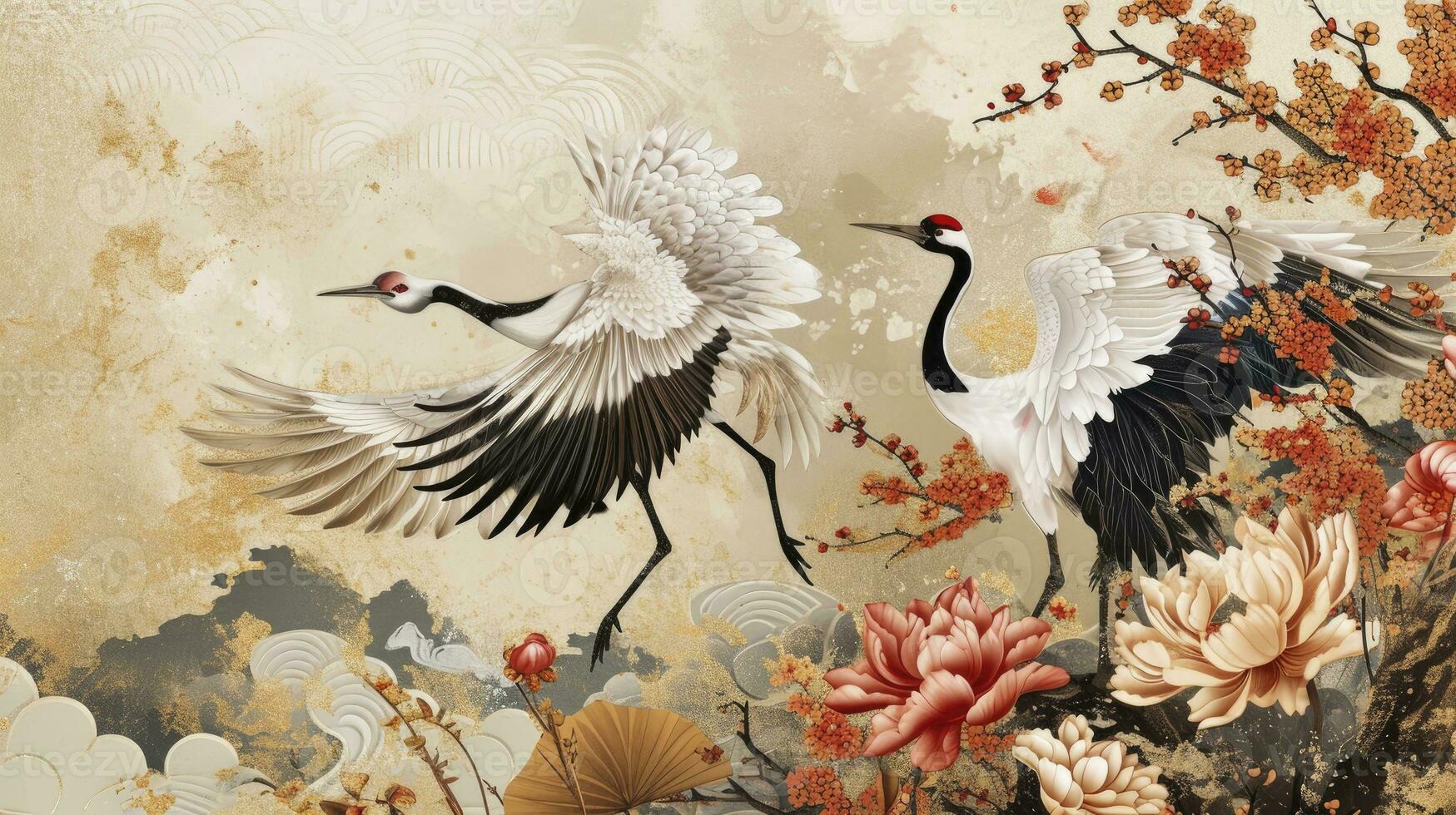 ai genererad lyx guld orientalisk stil bakgrund. kinesisk och japansk tapet mönster design av elegant kran fåglar, moln med vattenfärg textur. design illustration för dekoration, vägg dekor. foto
