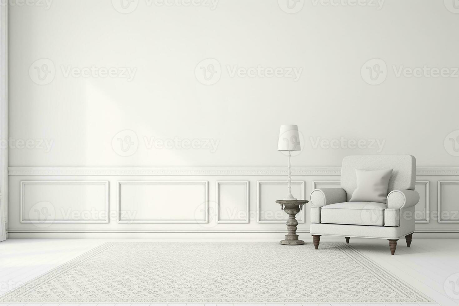 ai genererad 3d återges minimal stil modern levande rum interiör design med modern stol foto