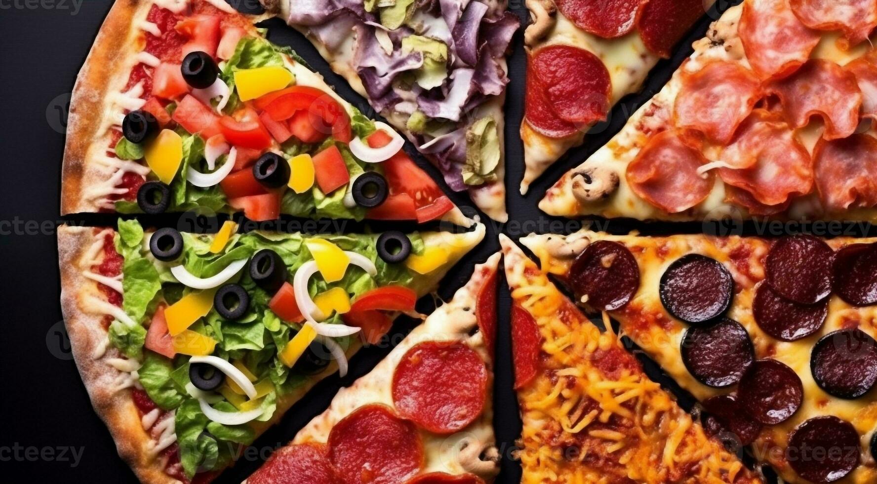 ai genererad närbild av delikatesser pizza på de tabell, pizza bakgrund, italiensk pizza på de tabell, närbild av en pizza, skivad pizza foto