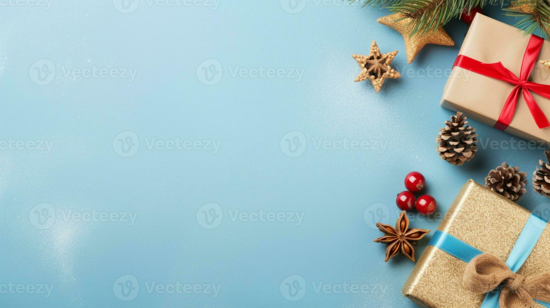 ai genererad jul högtider sammansättning av grön gran träd grenar med gåvor kopia Plats foto