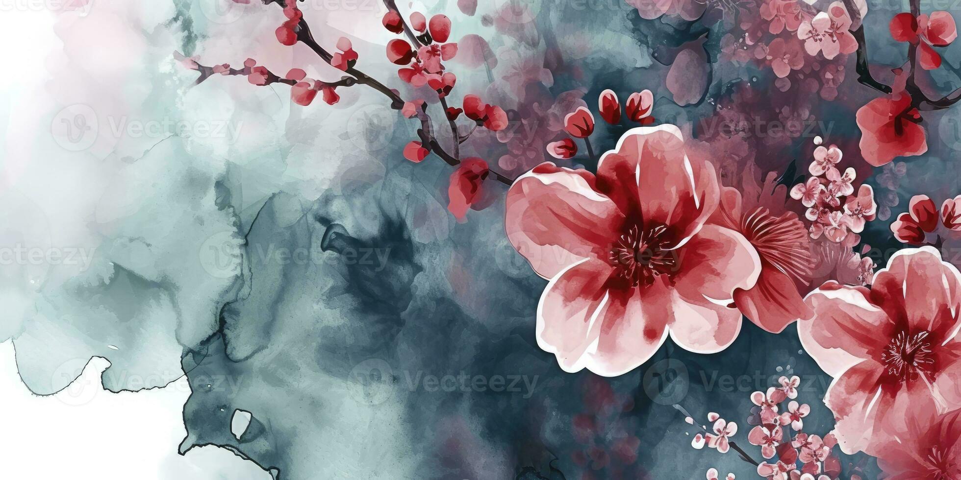 ai genererad asiatisk bakgrund, orientalisk japansk och kinesisk stil abstrakt mönster bakgrund design med botanisk blommor dekorera i vattenfärg foto