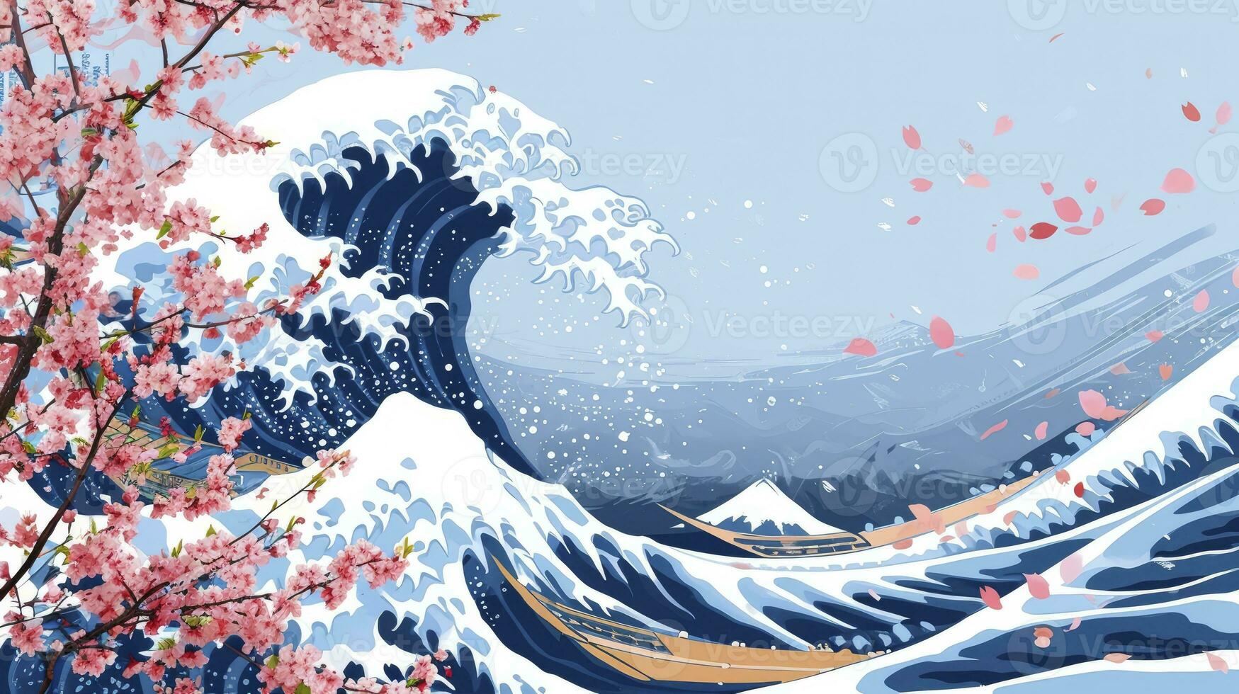 ai genererad abstrakt hokusai stil bakgrund. vågor, hav, rosa sakura träd. foto