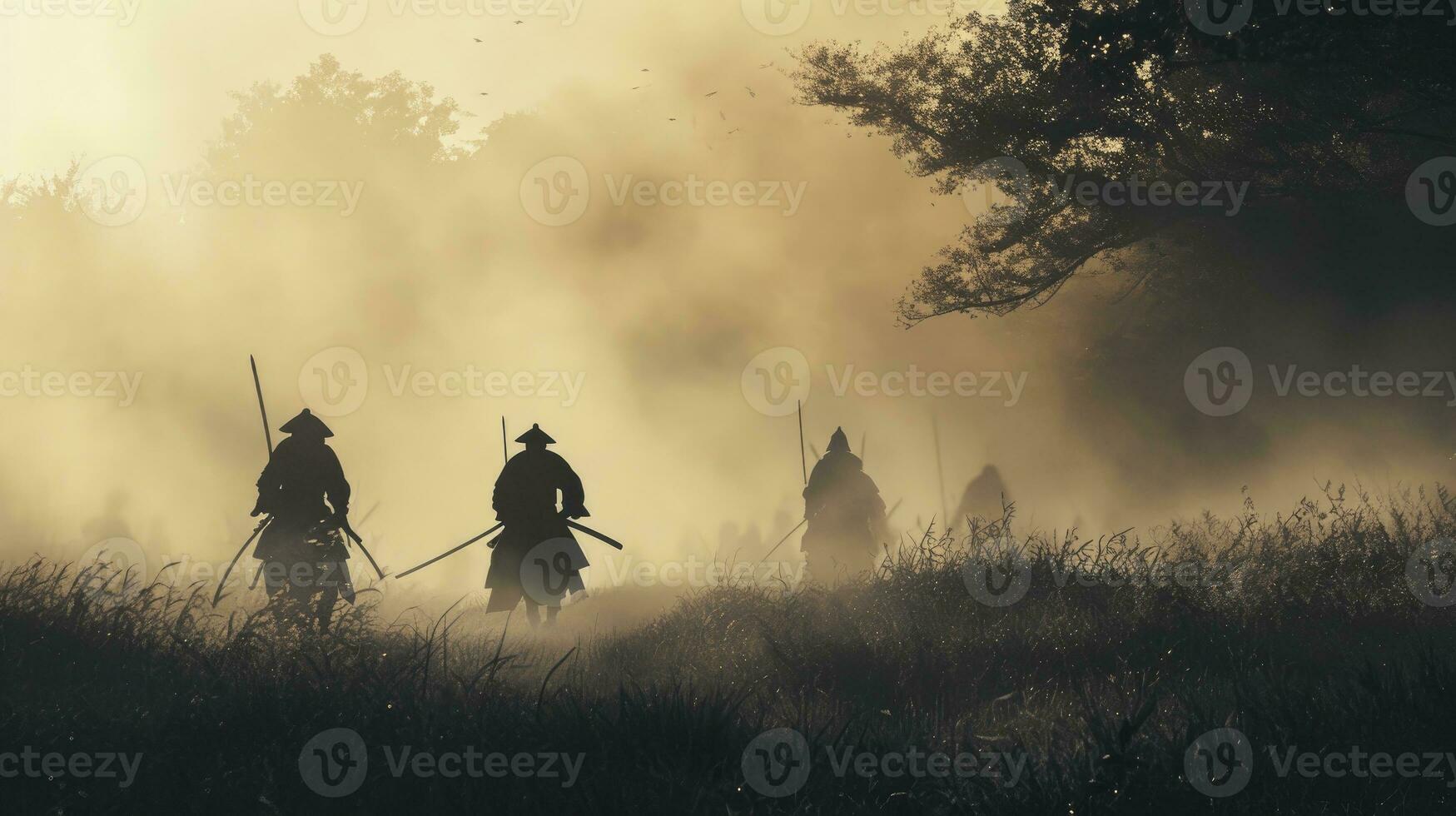 ai genererad fantastisk gryning scen i dimma med silhouetted samurais på de historisk sekigahara slagfält, levereras i modern bläck tvätta stil och dämpad toner. foto