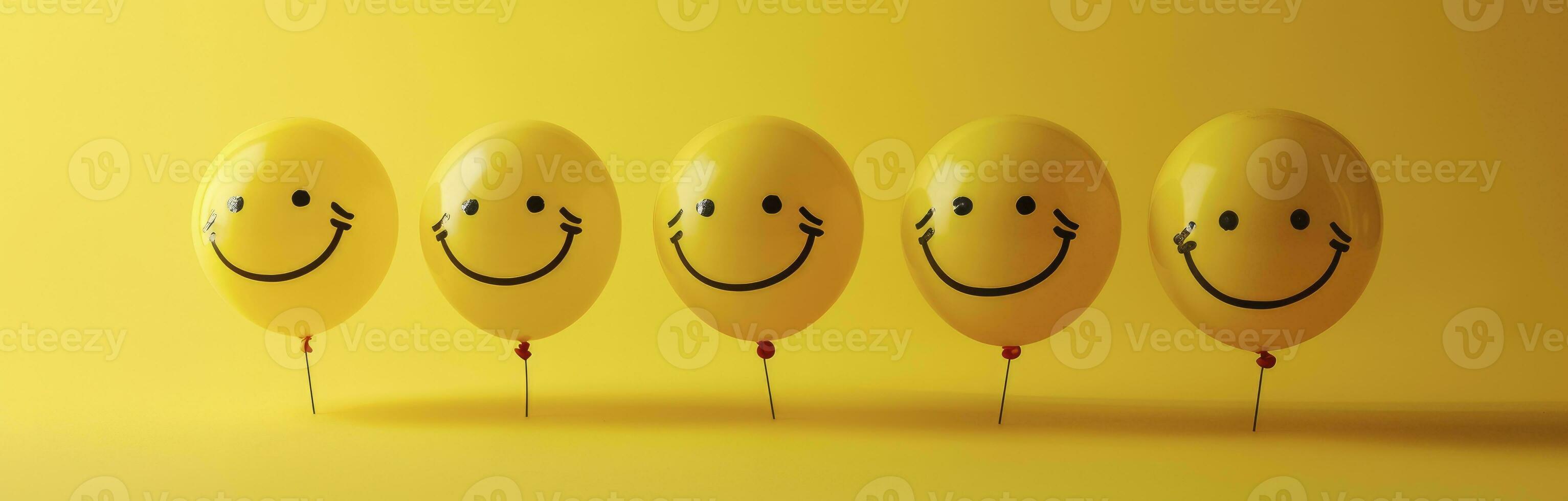 ai genererad smiley ballonger Sammanträde på en gul bakgrund. foto
