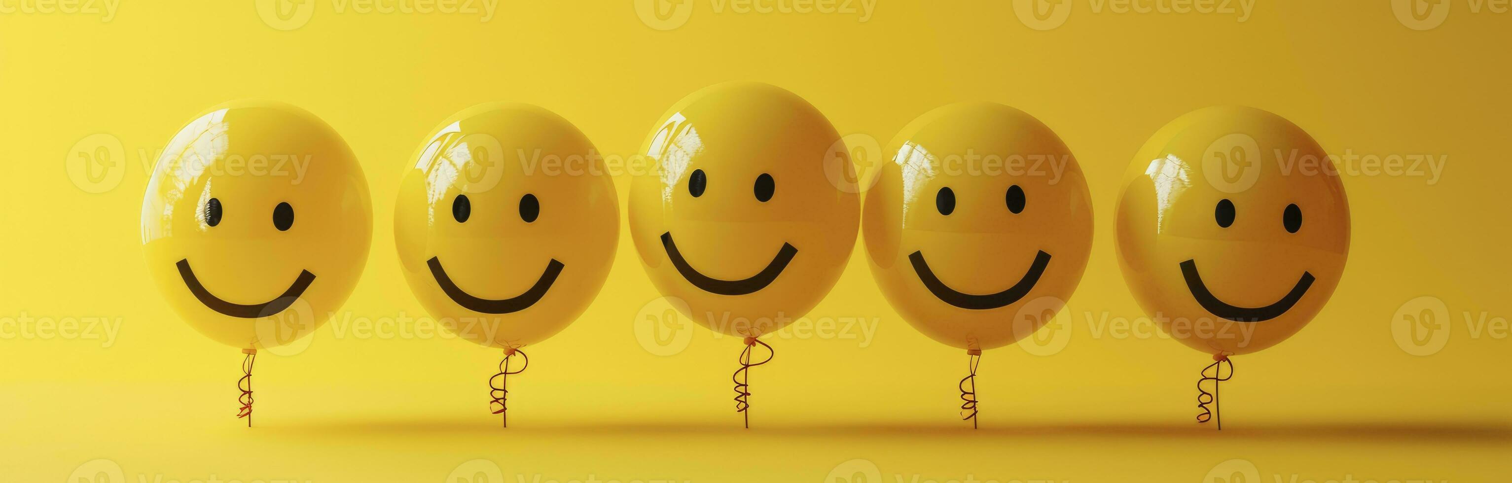 ai genererad smiley ballonger Sammanträde på en gul bakgrund. foto