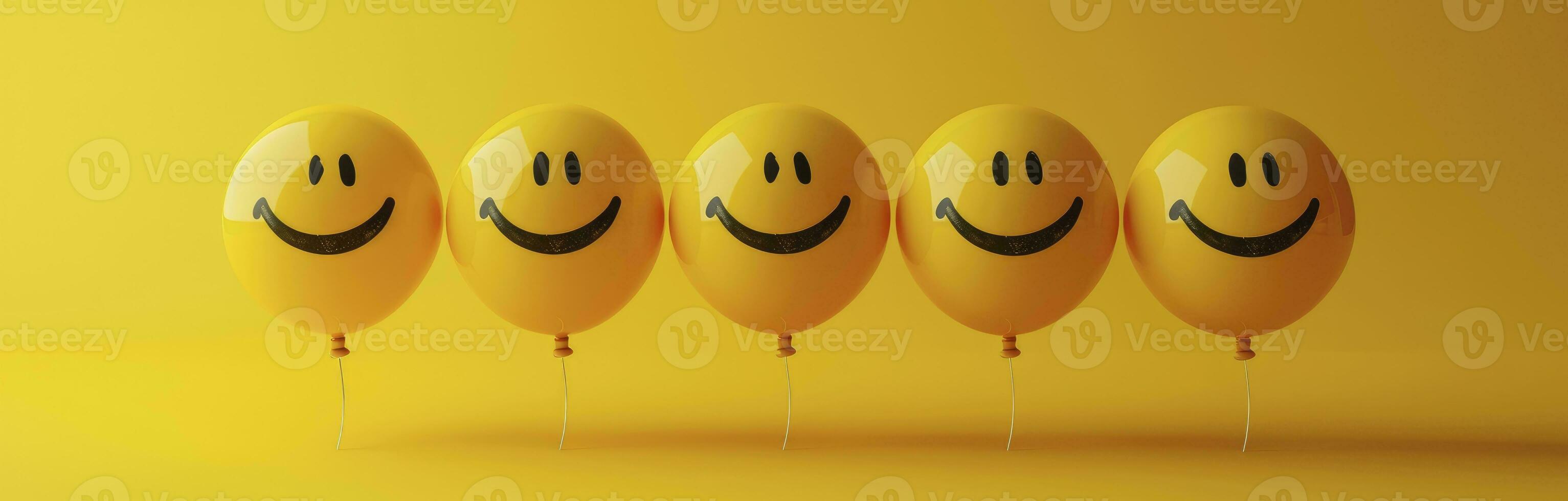 ai genererad smiley ballonger Sammanträde på en gul bakgrund. foto