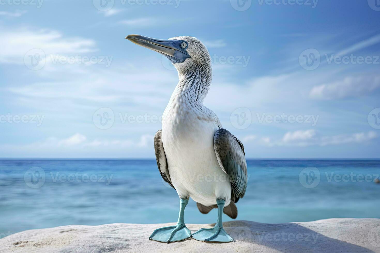 ai genererad de sällsynt blåfotad drummel vilar på de strand. ai genererad foto