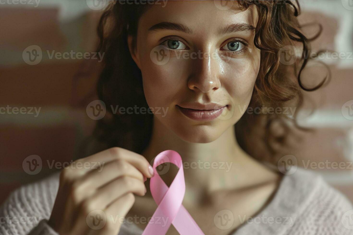 ai genererad oktober bröst cancer medvetenhet månad, kvinna med hand innehav rosa band för stödjande människor levande och sjukdom. sjukvård, värld cancer dag begrepp. foto