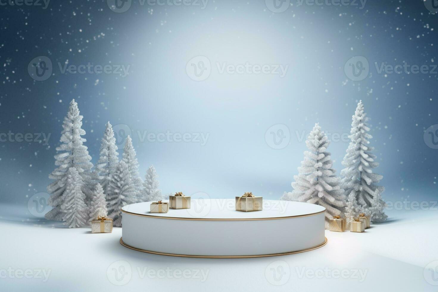 ai genererad 3d återges vit och snöig podium visa för glad jul händelse foto