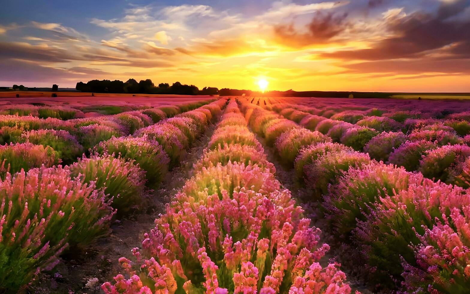 ai genererad en skön lavendel- blomma trädgård med solnedgång se foto