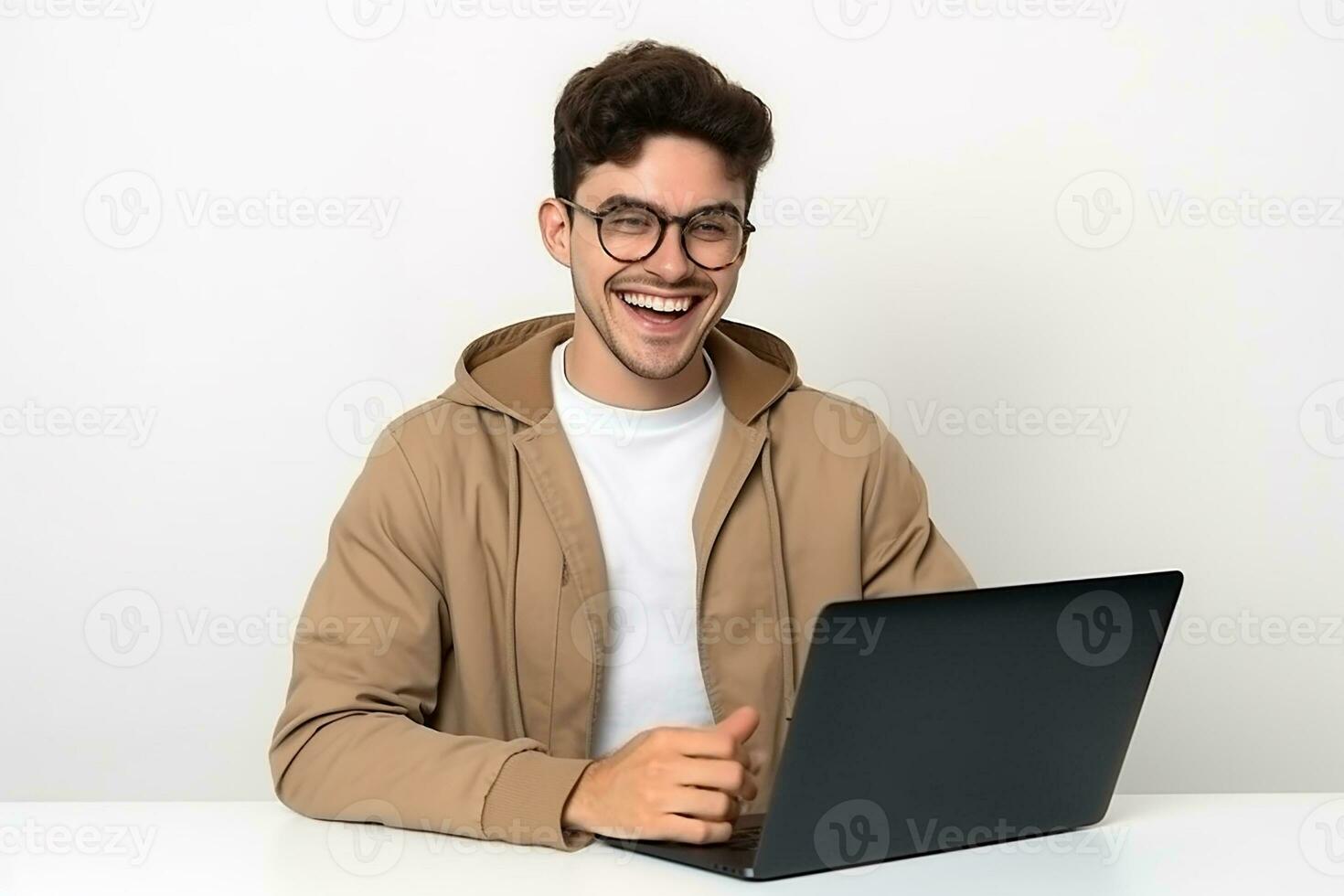 ai genererad leende skäggig man i glasögon använder sig av bärbar dator foto