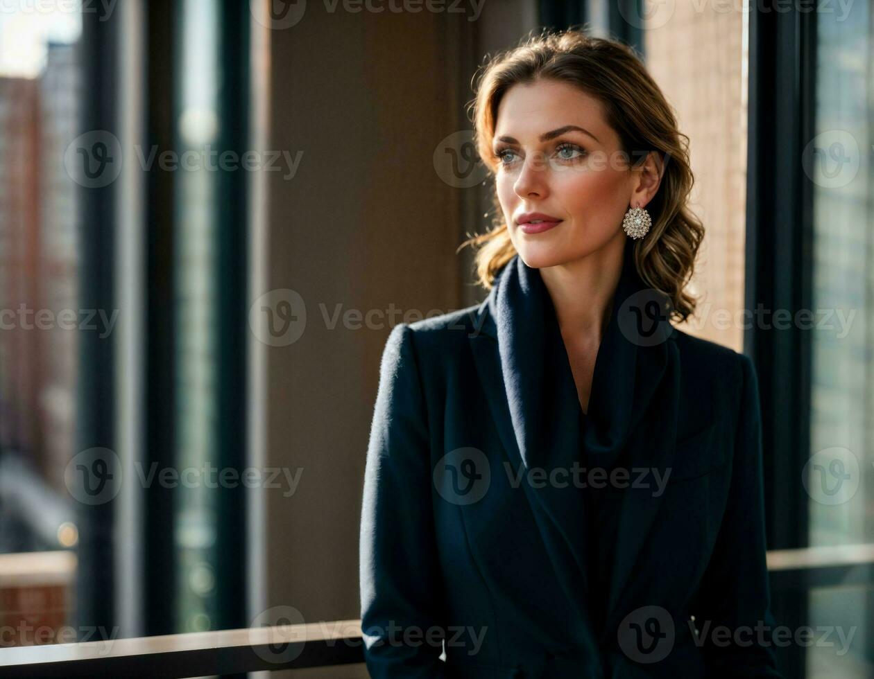 ai genererad Foto av skön kvinna med Marin täcka och scarf stående på balkong bostad levande rum, generativ ai