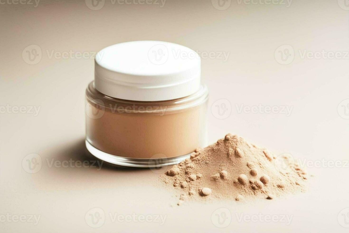 ai genererad kosmetisk beige spröd mineral pulver i en transparent burk på en ljus bakgrund. dekorativ kosmetika för ansikte smink. foto