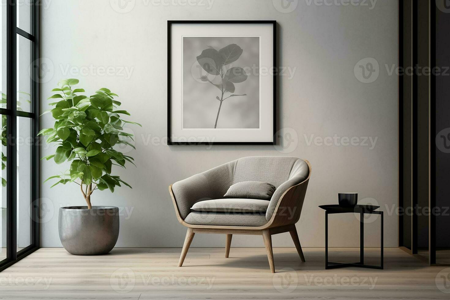 ai genererad 3d återges minimal stil modern levande rum interiör design med stol foto