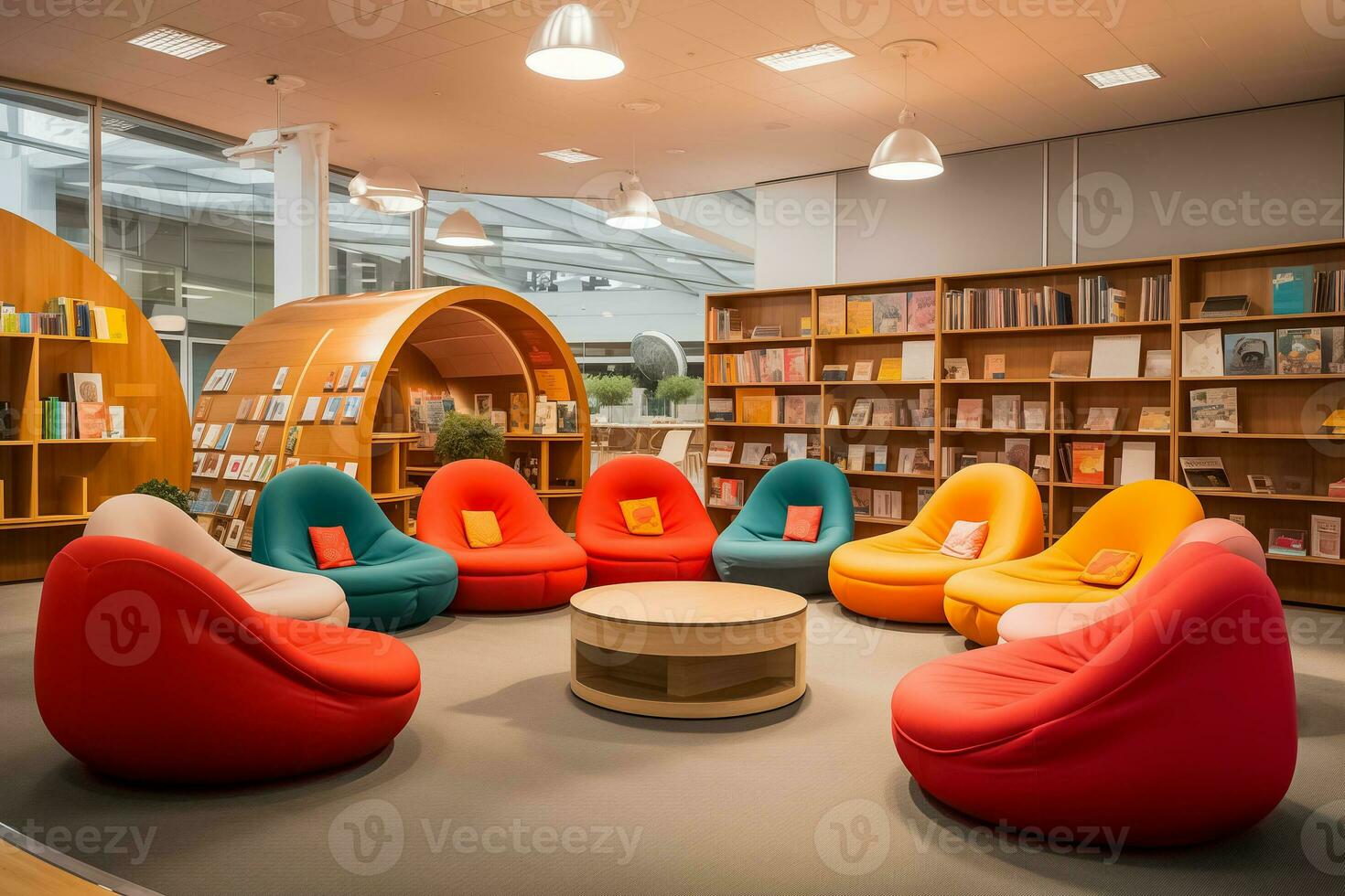 ai genererad mysigt modern bibliotek med vibrerande sittplatser foto