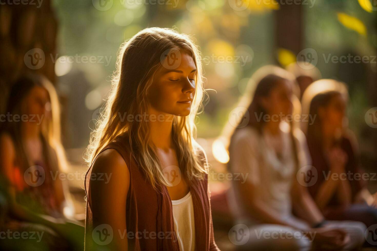 ai genererad lugn utomhus- meditation med solbelyst lövverk foto