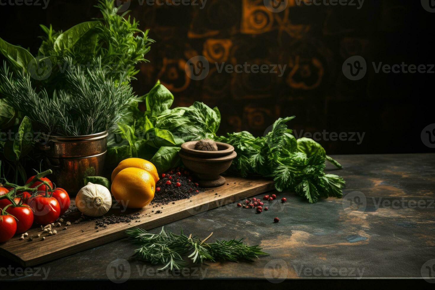 ai genererad Foto av mat Ingredienser med en kök tabell bakgrund professionell reklam mat fotografi