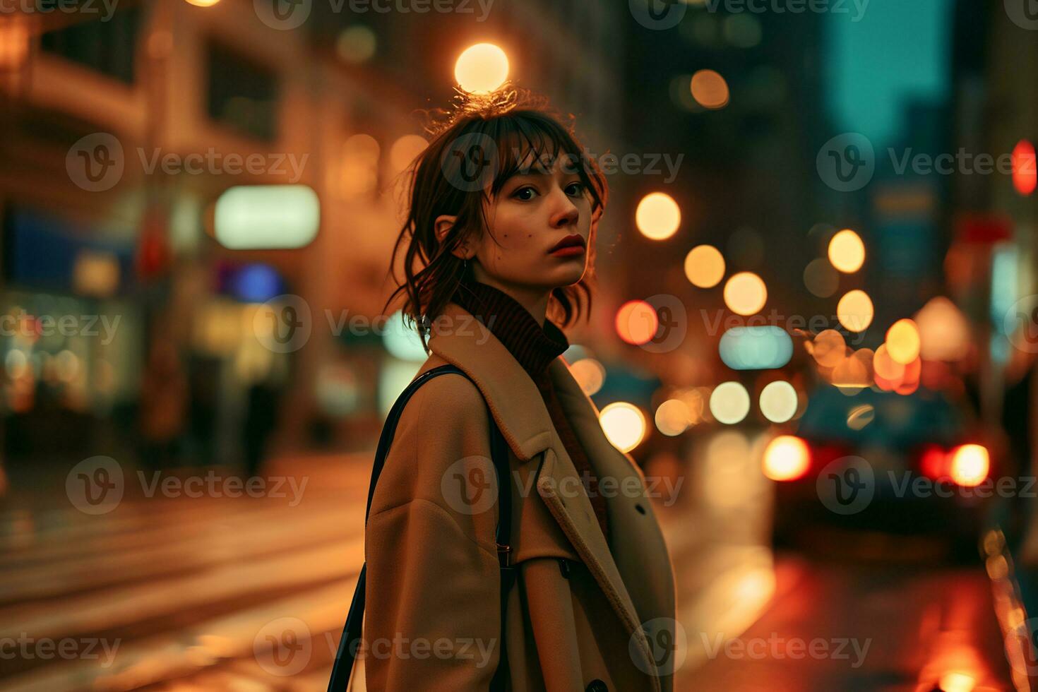 ai genererad kvinna i en modern urban utrusta stående trottoar foto