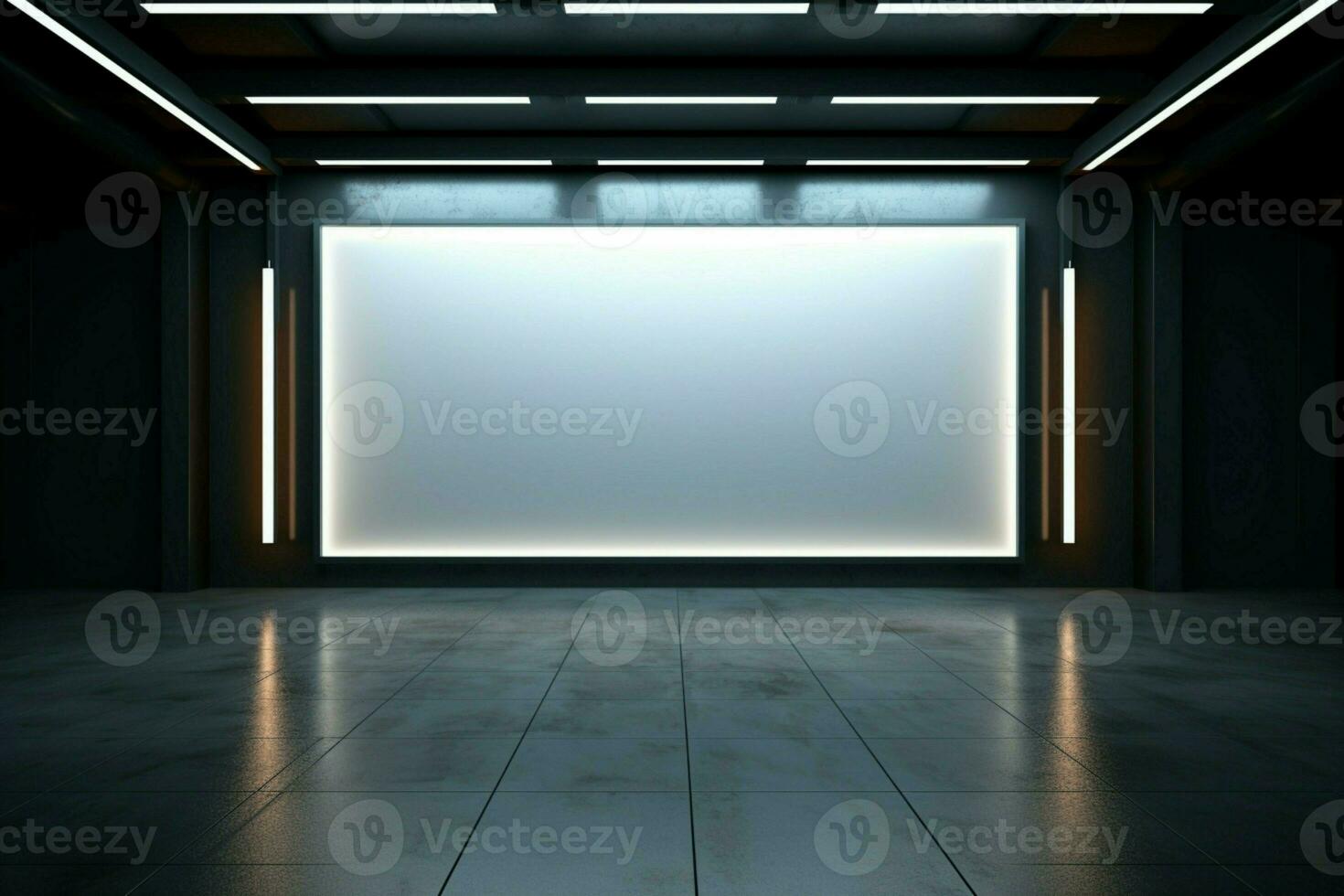 ai genererad elegant miljö tom vägg glöder i de expansiv utställningslokal Plats foto