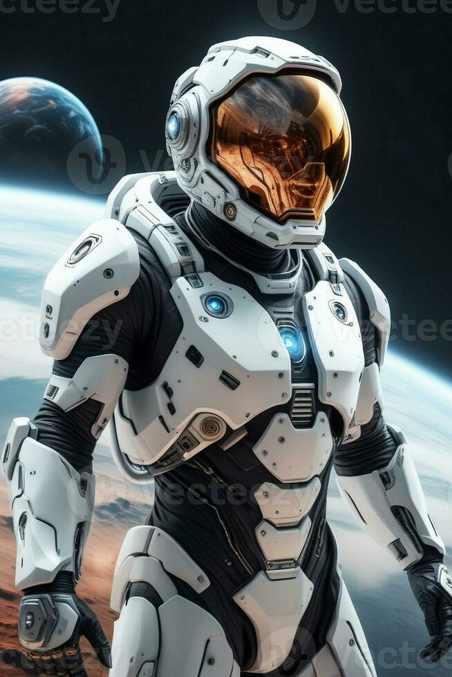ai genererad astronaut i en modern kostym semi cyborg i en planet med Fantastisk visningar bortom fantasi. ai generativ foto