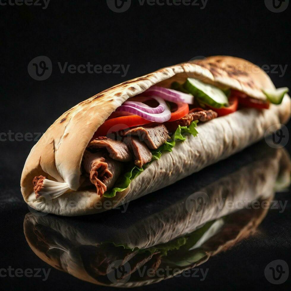 ai genererad doner kebab dramatisk studio belysning, på mörk bakgrund. ai generativ foto