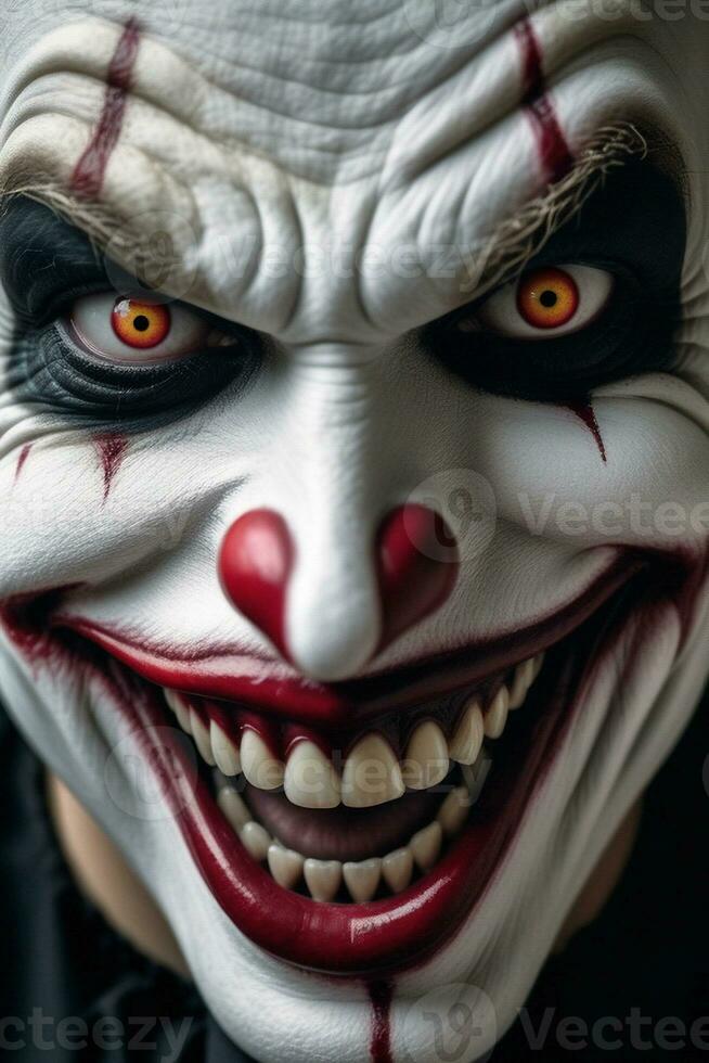 ai genererad en närbild av en person bär en clown mask Skräck leende ond flin skräckinjagande flin Skräck. ai generativ foto
