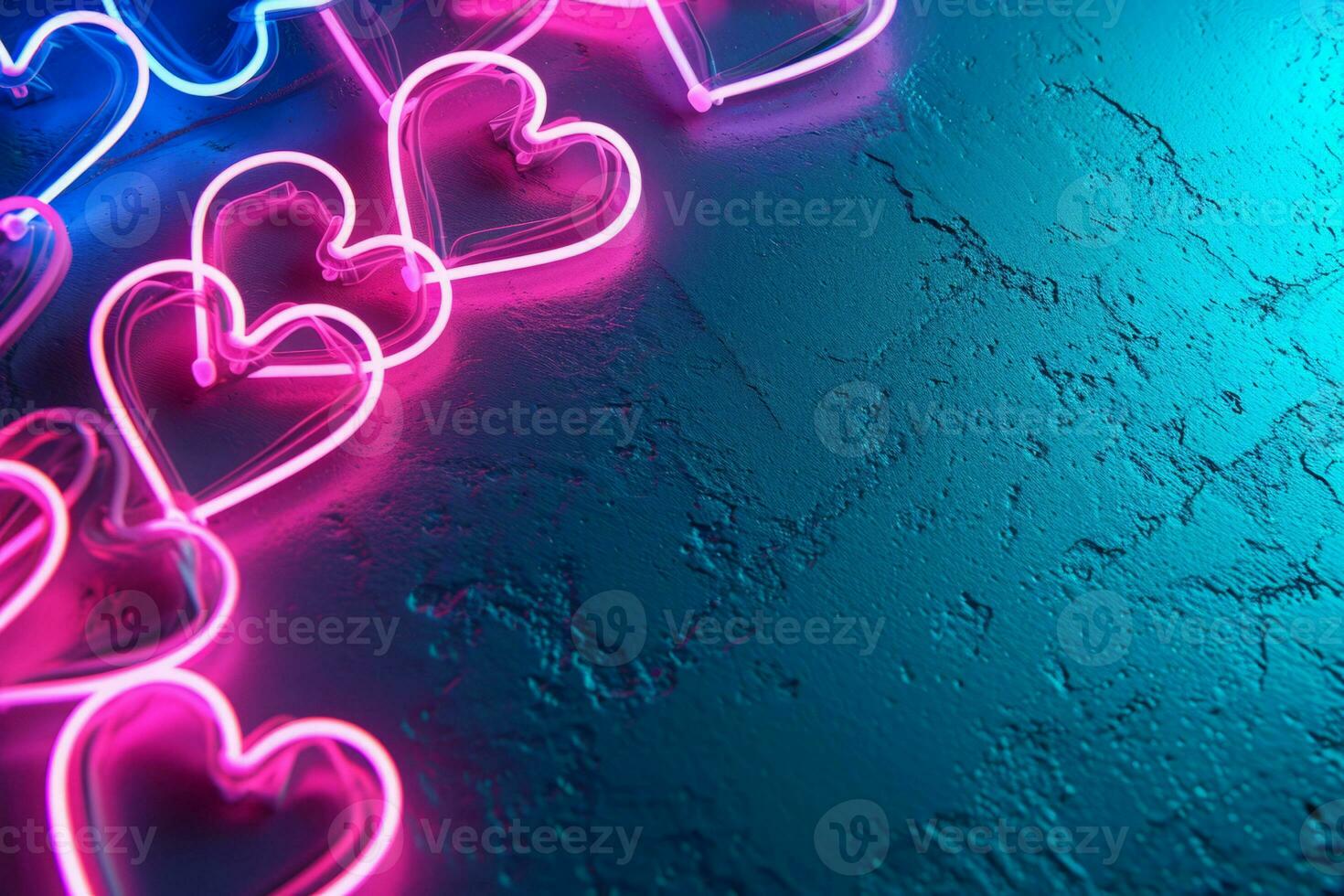 ai genererad abstrakt neon bakgrund med lysande hjärtan foto