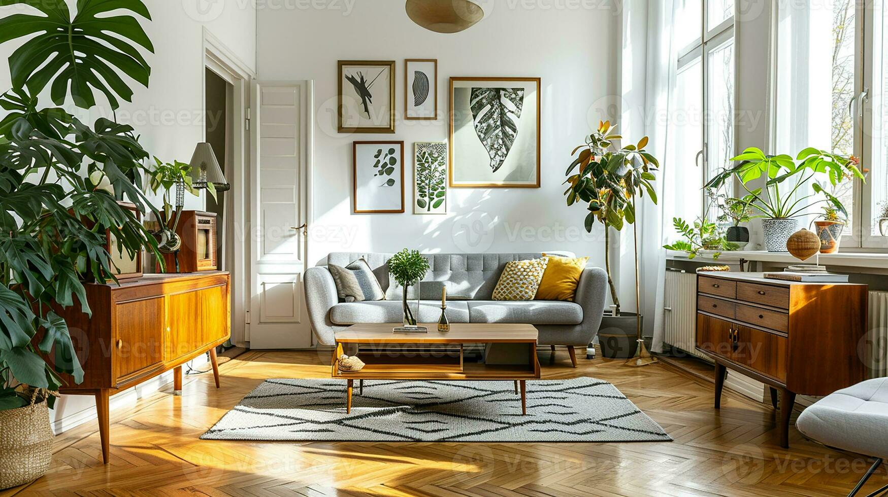 ai genererad levande rum interiör design med soffa minimal estetisk 3d återges foto