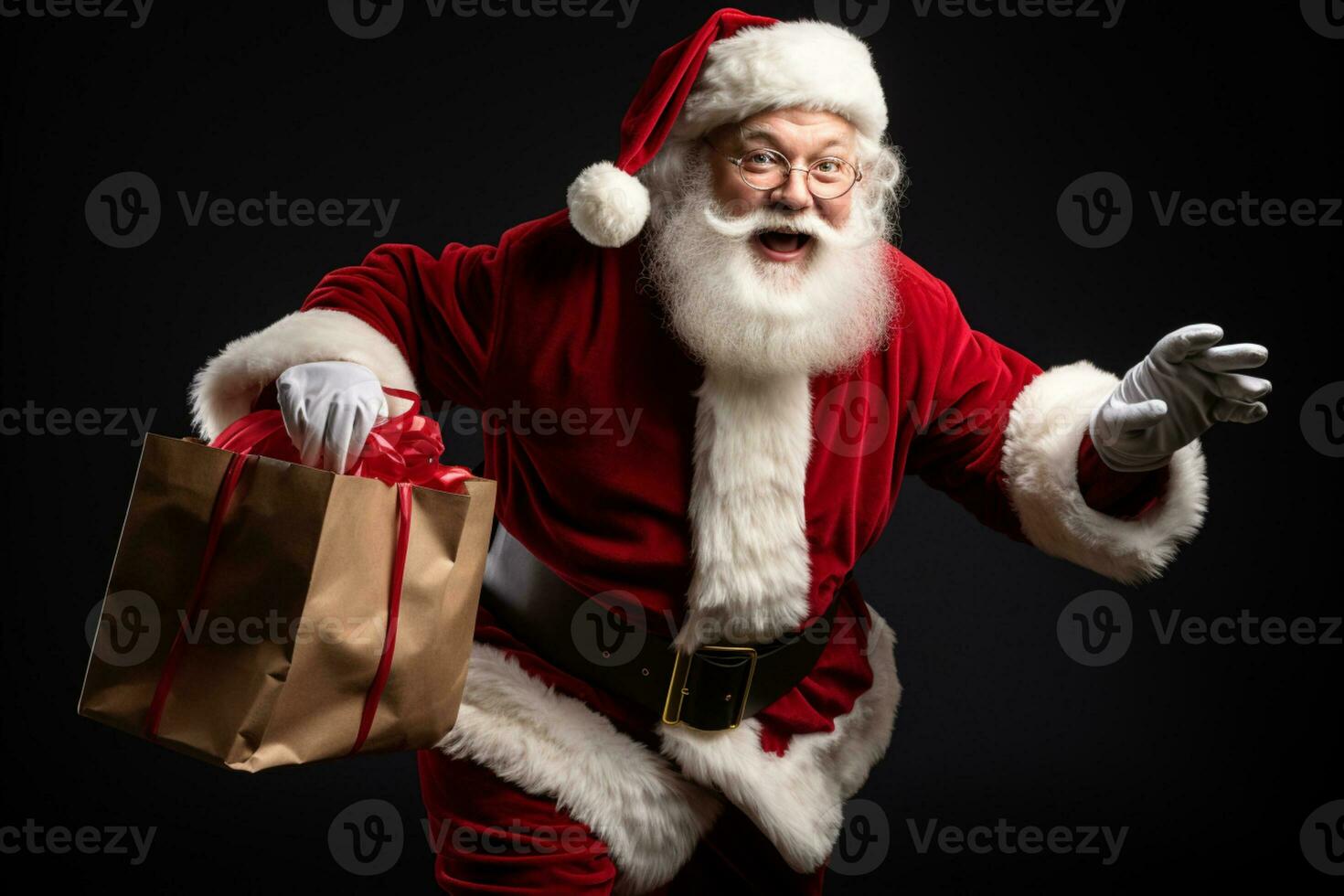 ai genererad porträtt av man i santa claus kostym med en lyxig vit skägg, jultomten hatt och en röd kostym foto