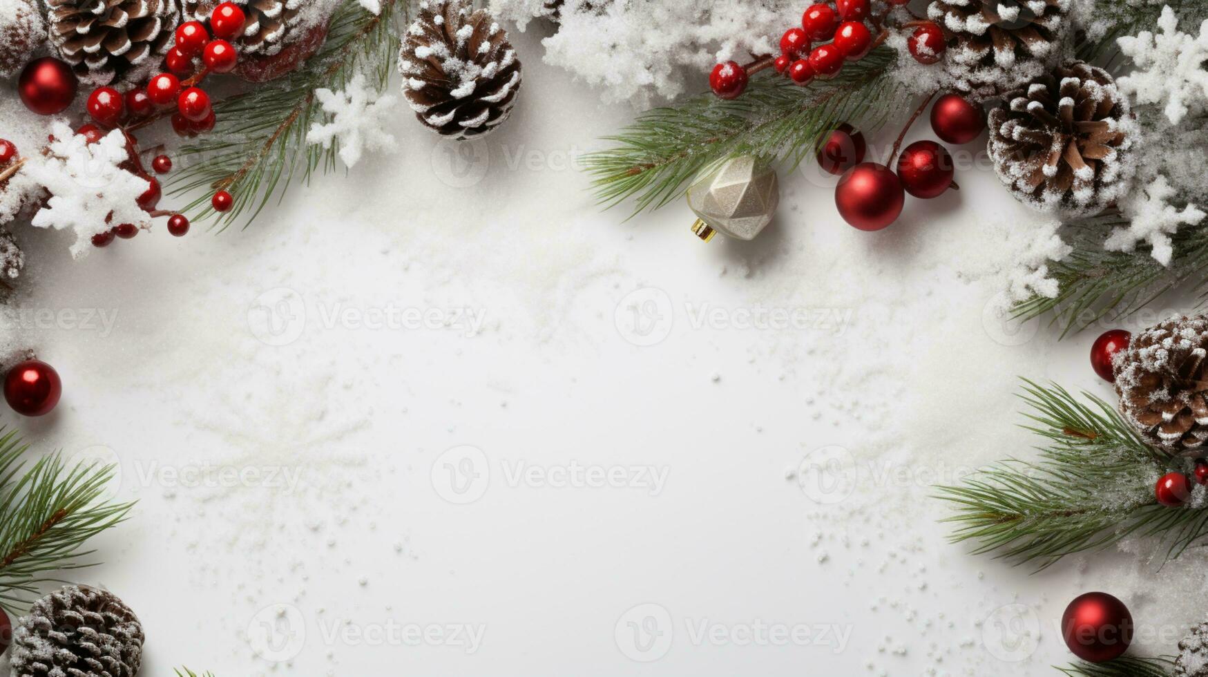 ai genererad jul sammansättning av gran träd grenar med grannlåt och gåvor på vit bakgrund foto
