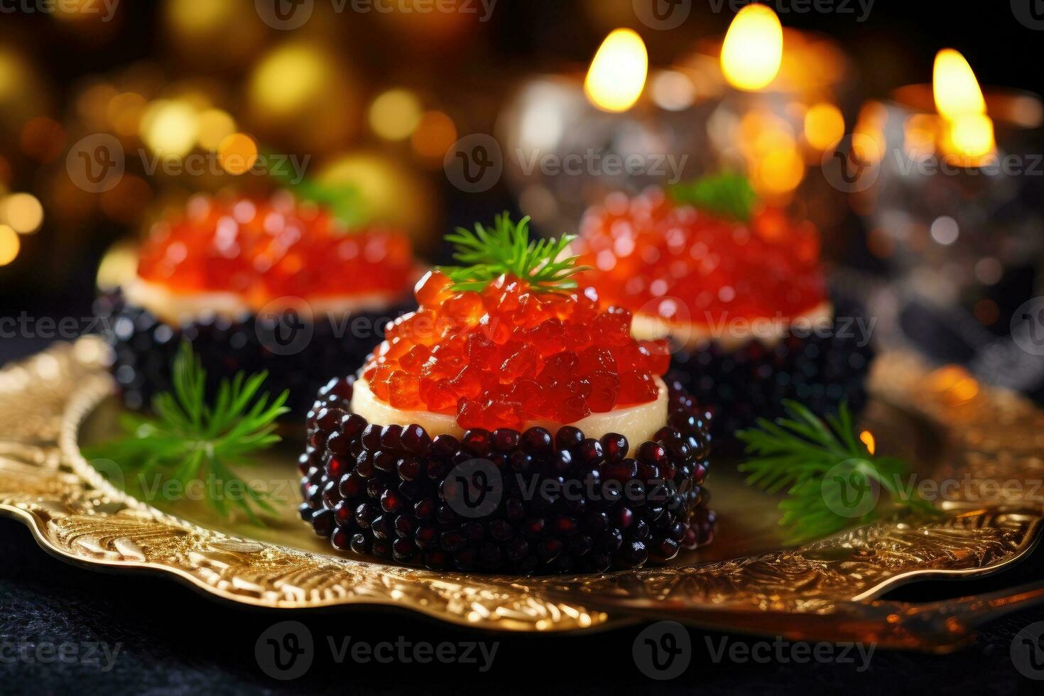 ai genererad svart och röd fisk kaviar. canapes med kaviar foto