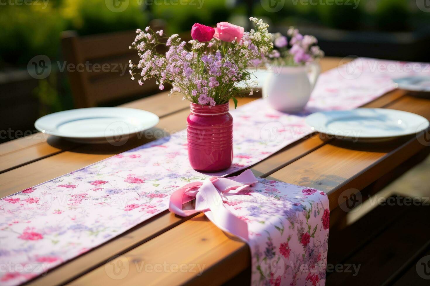 ai genererad en tabell med en vas av blommor på den dekorerad med sommar ornament foto