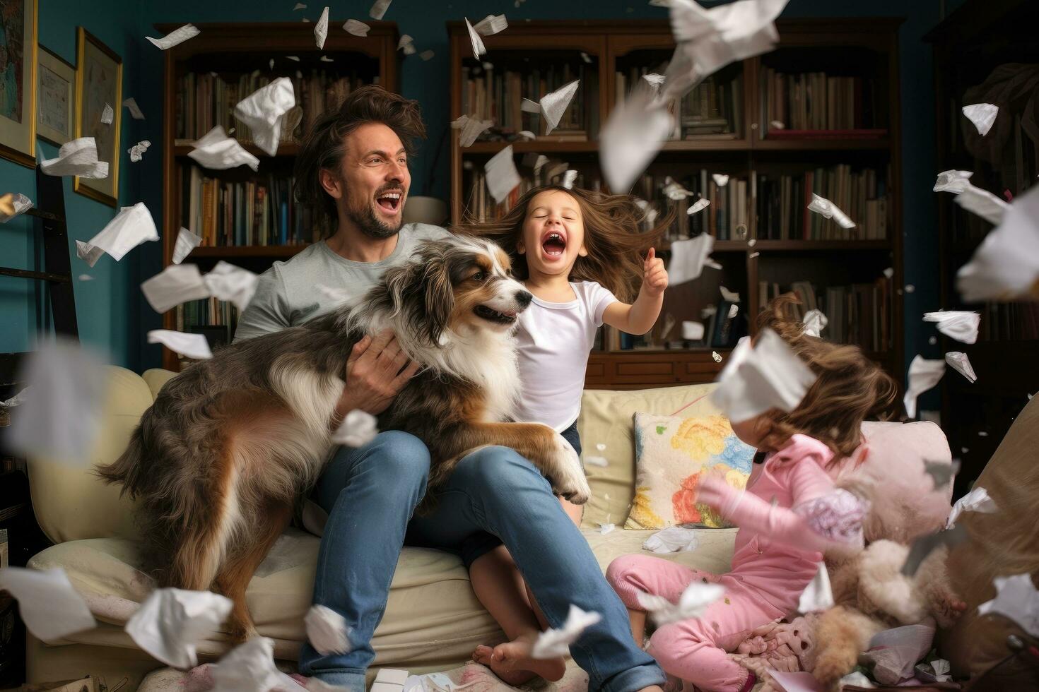 ai genererad Lycklig familj har roligt spelar med deras hund i de rörig rum, en familj upplever de glädje och kaos av en ny valp, ai genererad foto