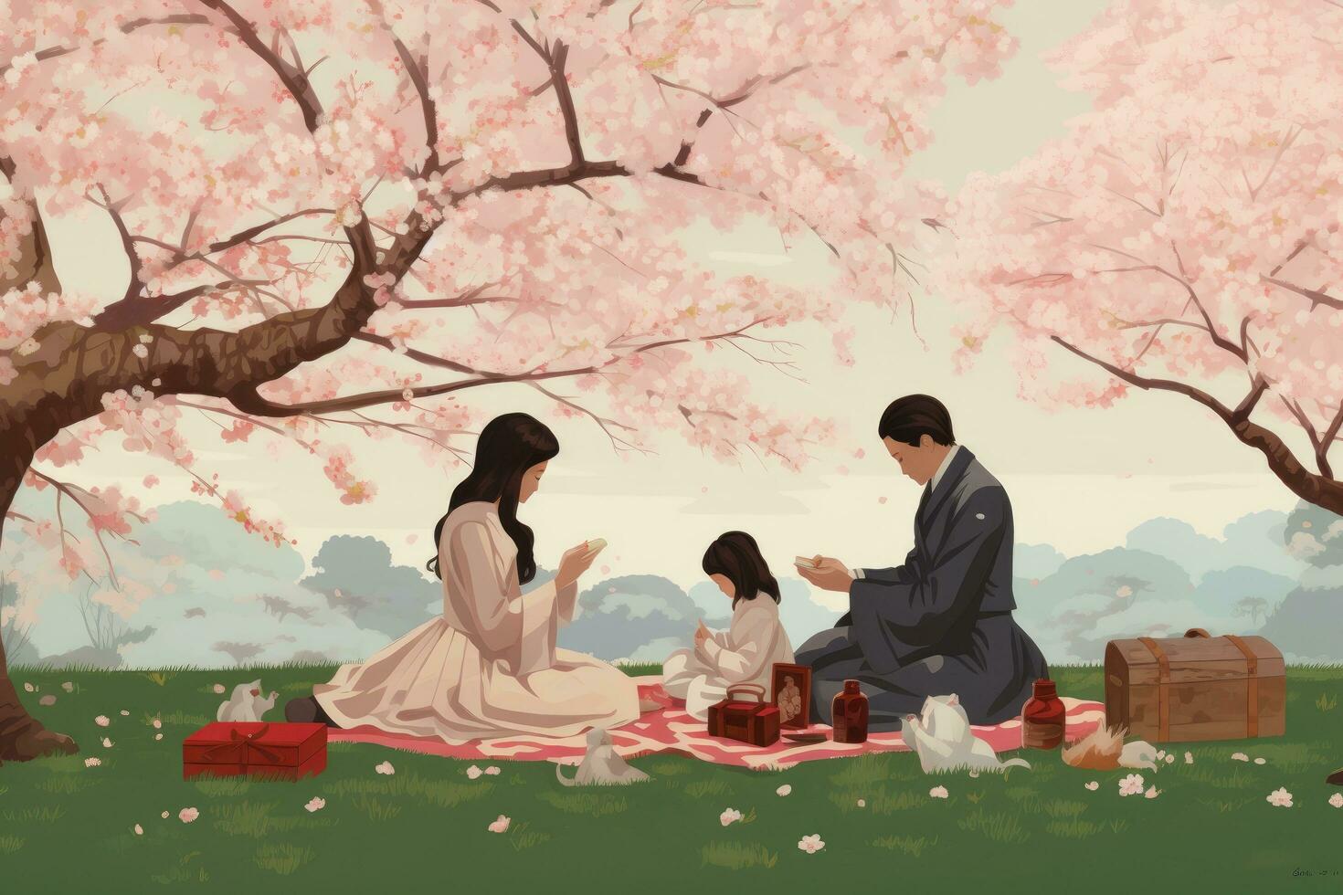 ai genererad Lycklig familj picknick i körsbär blomma sakura trädgård. vektor illustration, en familj har en picknick under en körsbär blomma träd, ai genererad foto