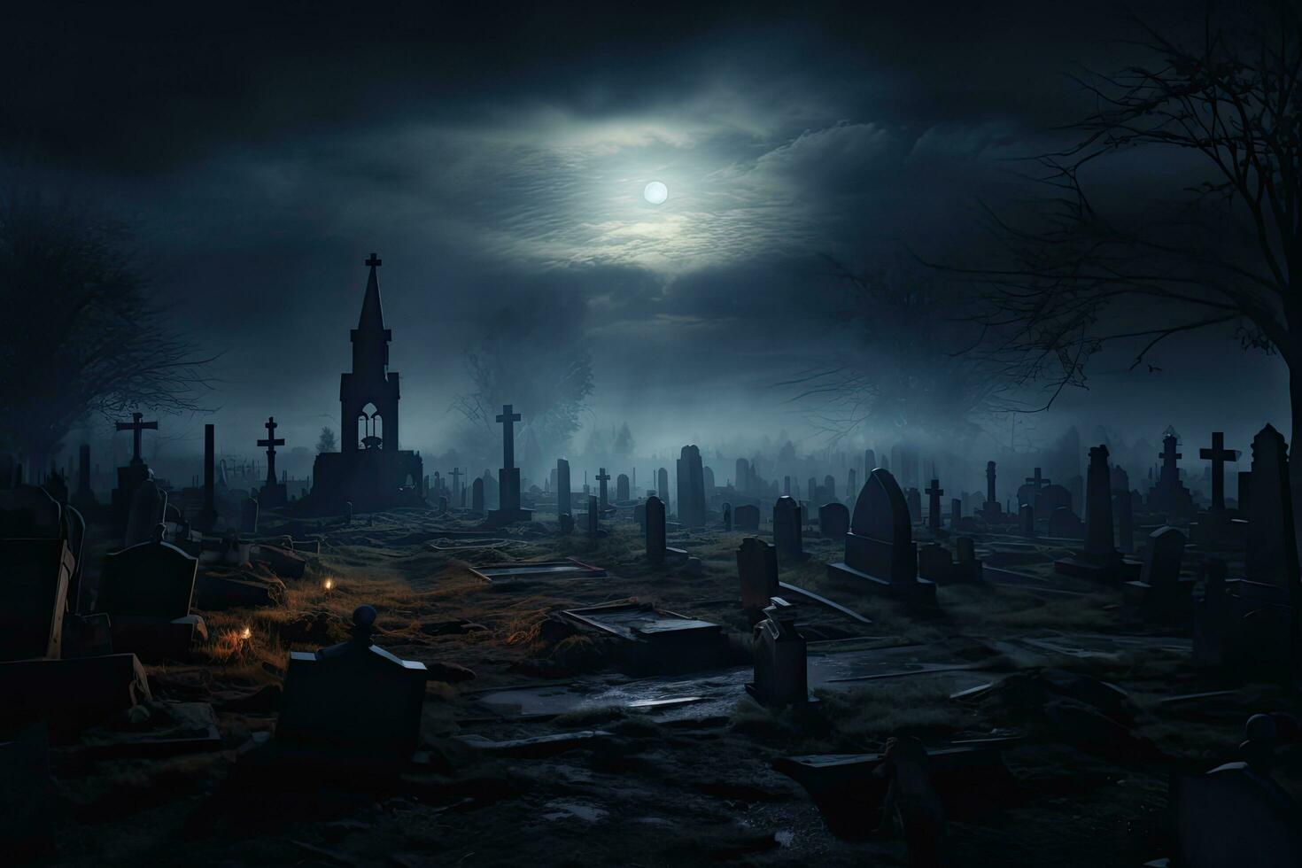 ai genererad gotik kyrkogård på natt med full måne, 3d tolkning, ai genererad foto