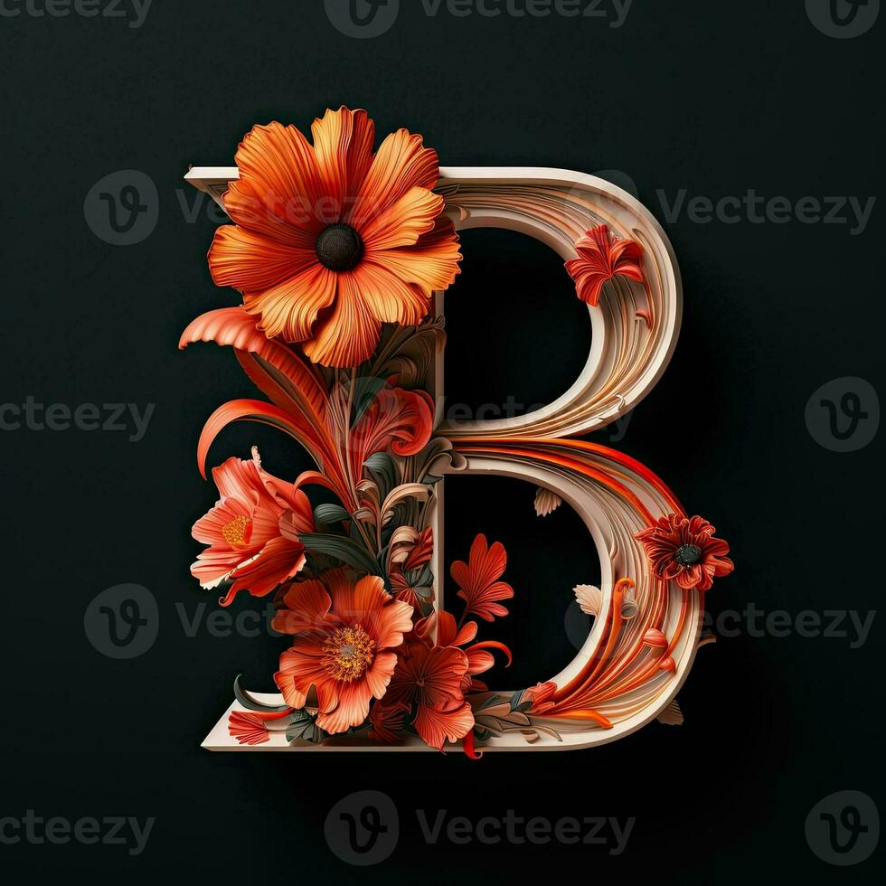 ai genererad blommig typografi brev b. blomma font för dekoration. generativ ai illustration för bröllop foto